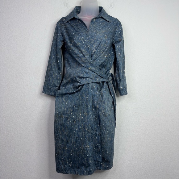 Samantha Sung Dress Womens 6 Blue Patterned Tie Wrap Designer Classic Minimalist